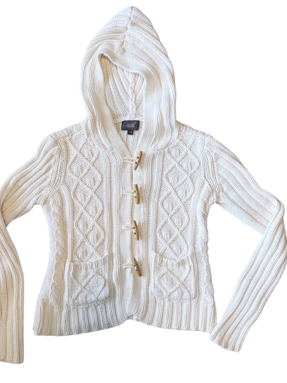 Y2K Cable Knit Hooded Cardigan Toggle Button Up Sweater JACOB White Size M
